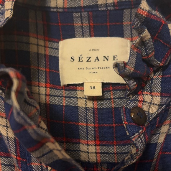 Sezane - Chloe Linen Plaid Ruffle Collar Women's Top - Picture 7 of 9